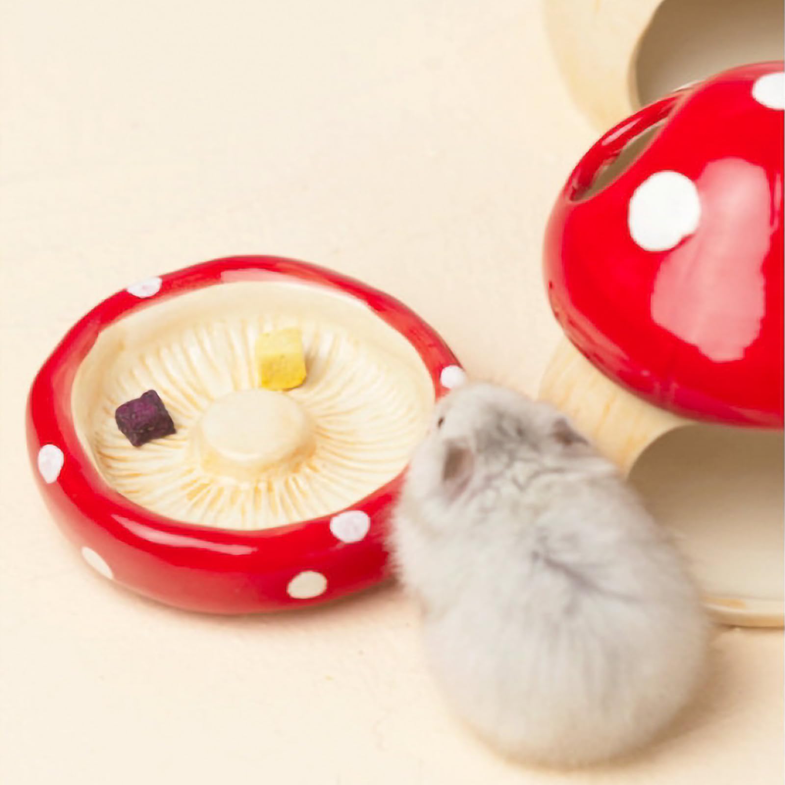 Maison de Hamster en Céramique, Cachette Champignon avec Gamelle, Refuge Frais pour Hamsters Nains, Gerbilles, Souris et Hamsters Dorés (Pet Nest+Pet Bowl)