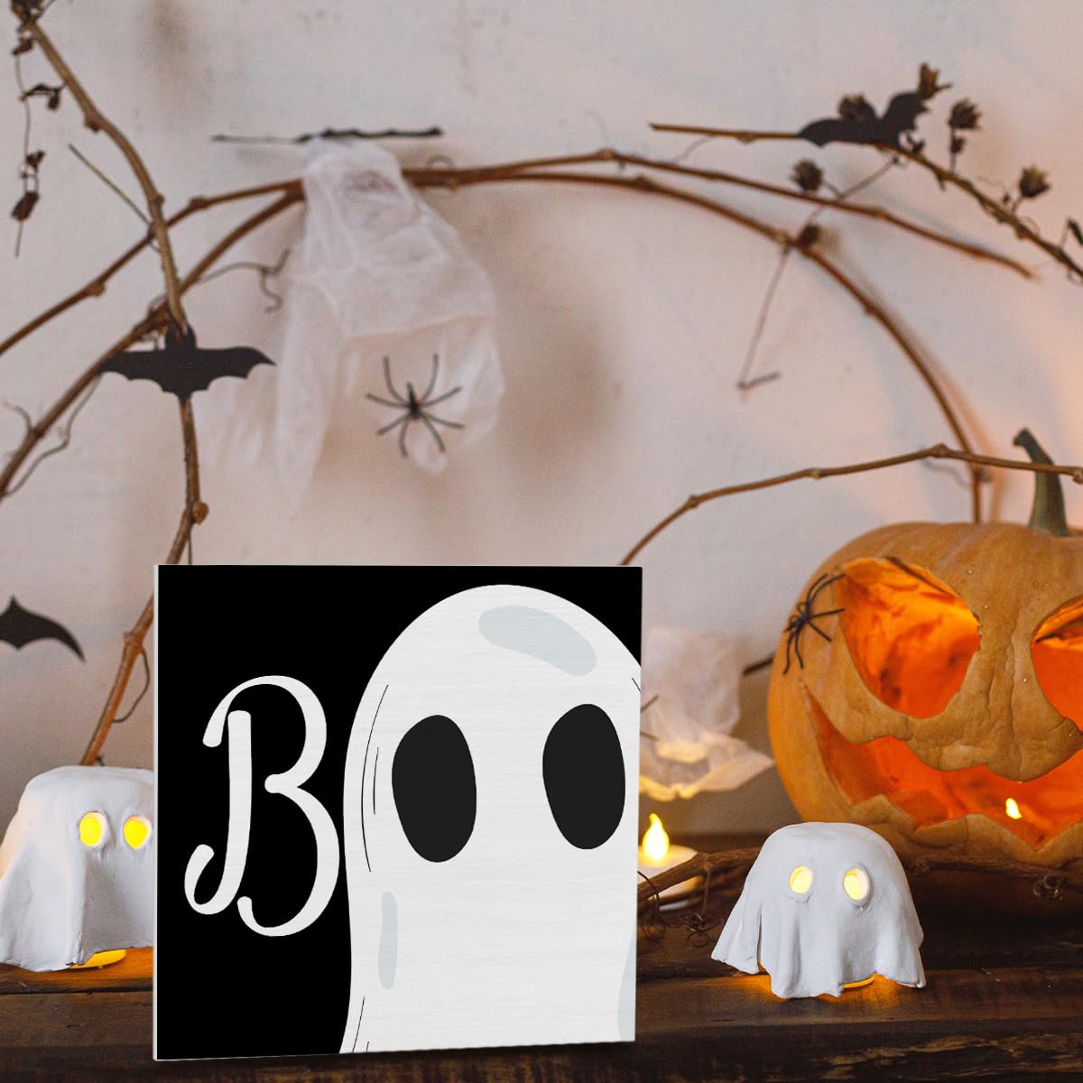 Smiley Halloween Wooden Decor - Ghost & Faux Books Table Plaque, 6x8x1.2 Inches - View #3