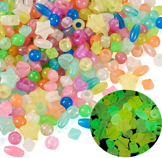 Perlin Leuchtsteine Leuchtende Gemischte Acryl-Perlen Pony Perlen Set 400 Stück Solarbetriebene Großes Loch für Schmuck Party-Dekoration Rund Oval Herz Stern Rondelle