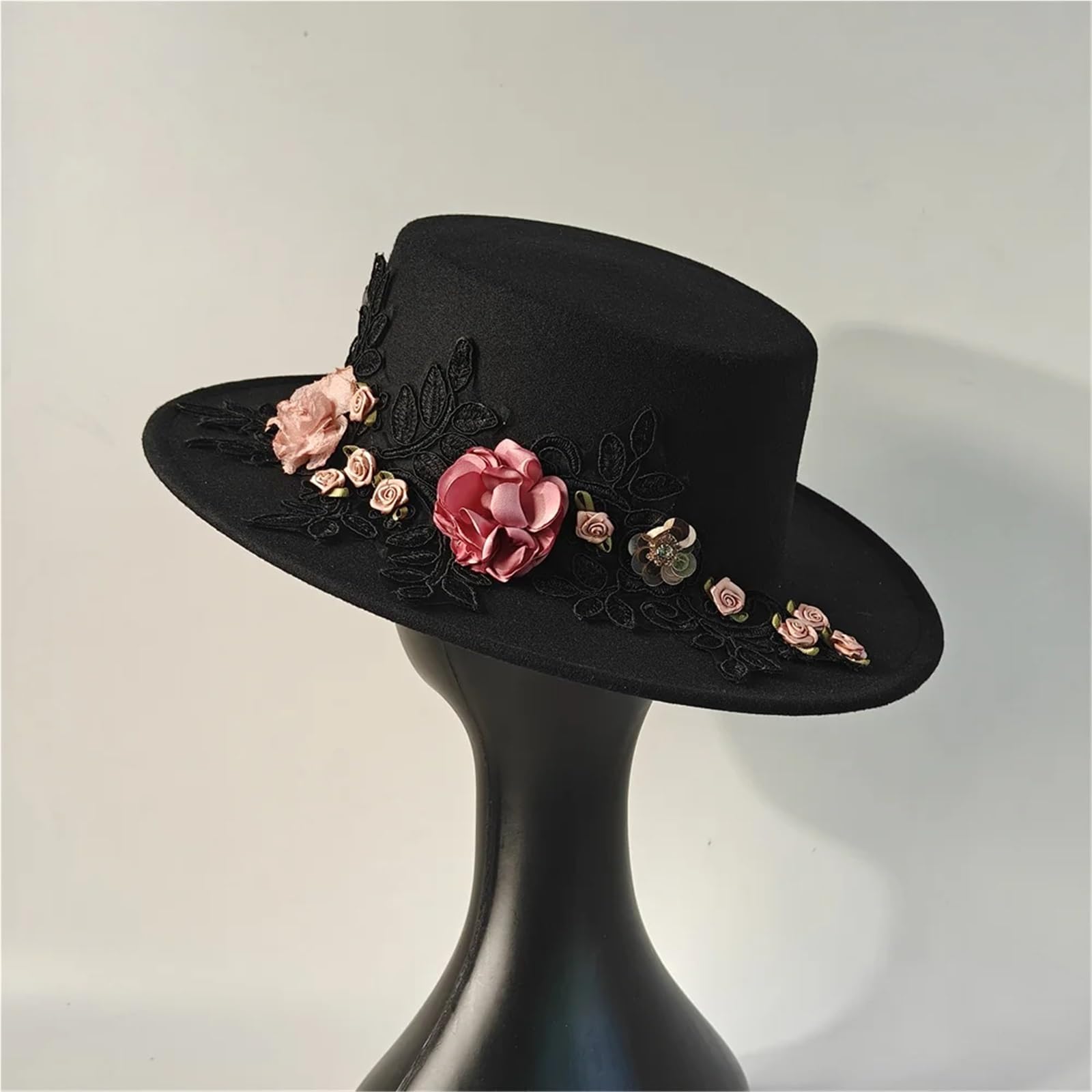 Bombetta Donna Cappello Fedora da Sposa Fiore Autunno Inverno | Cappello a bombetta da chiesa a tesa larga nero da donna con parte superiore piatta Chapeau Femme