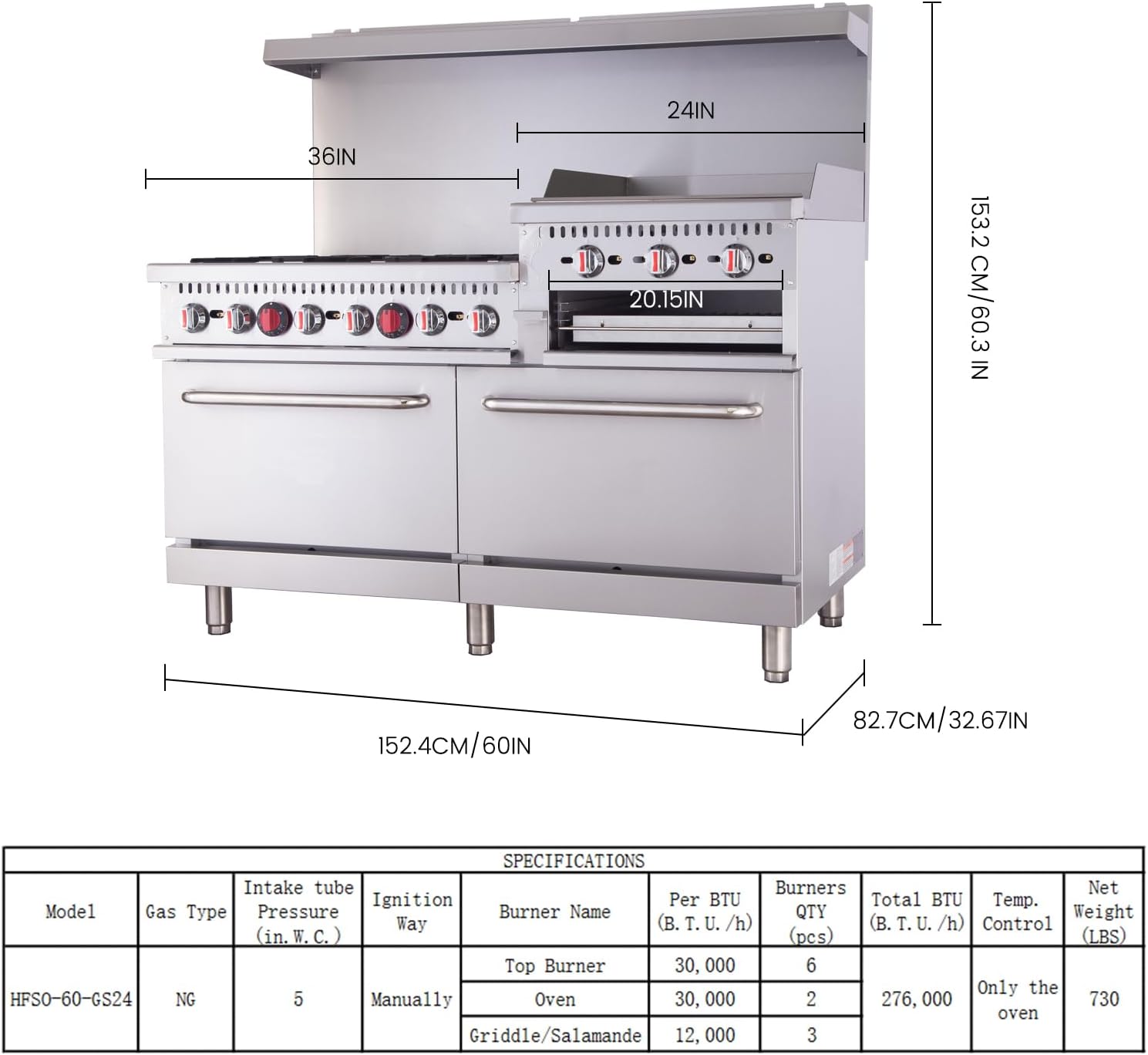 60" Commercial Gas Range with Dual Ovens, Griddle & Salamander, 6-Burner 276,000 BTU Heavy-Duty Stainless Steel, ETL Certified, Restaurant Kitchen Range with Premium Thermostatic Valve
