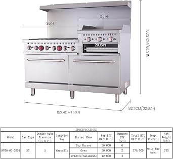 60 Commercial Gas Range with Dual Ovens, Griddle & Salamander, 6-Burner 276,000 BTU Heavy-Duty Stainless Steel, ETL Certified, Restaurant Kitchen Range with Premium Thermostatic Valve