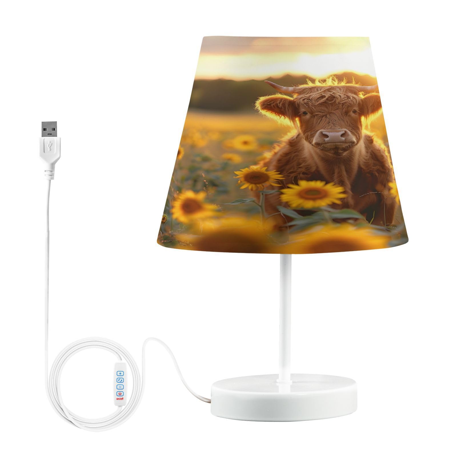 Mnsruu Bedside Table Lamps with USB Ports, Highland Cows Sunflowers Nightstand Desk Lamps for Bedroom, Living Room, Office,S