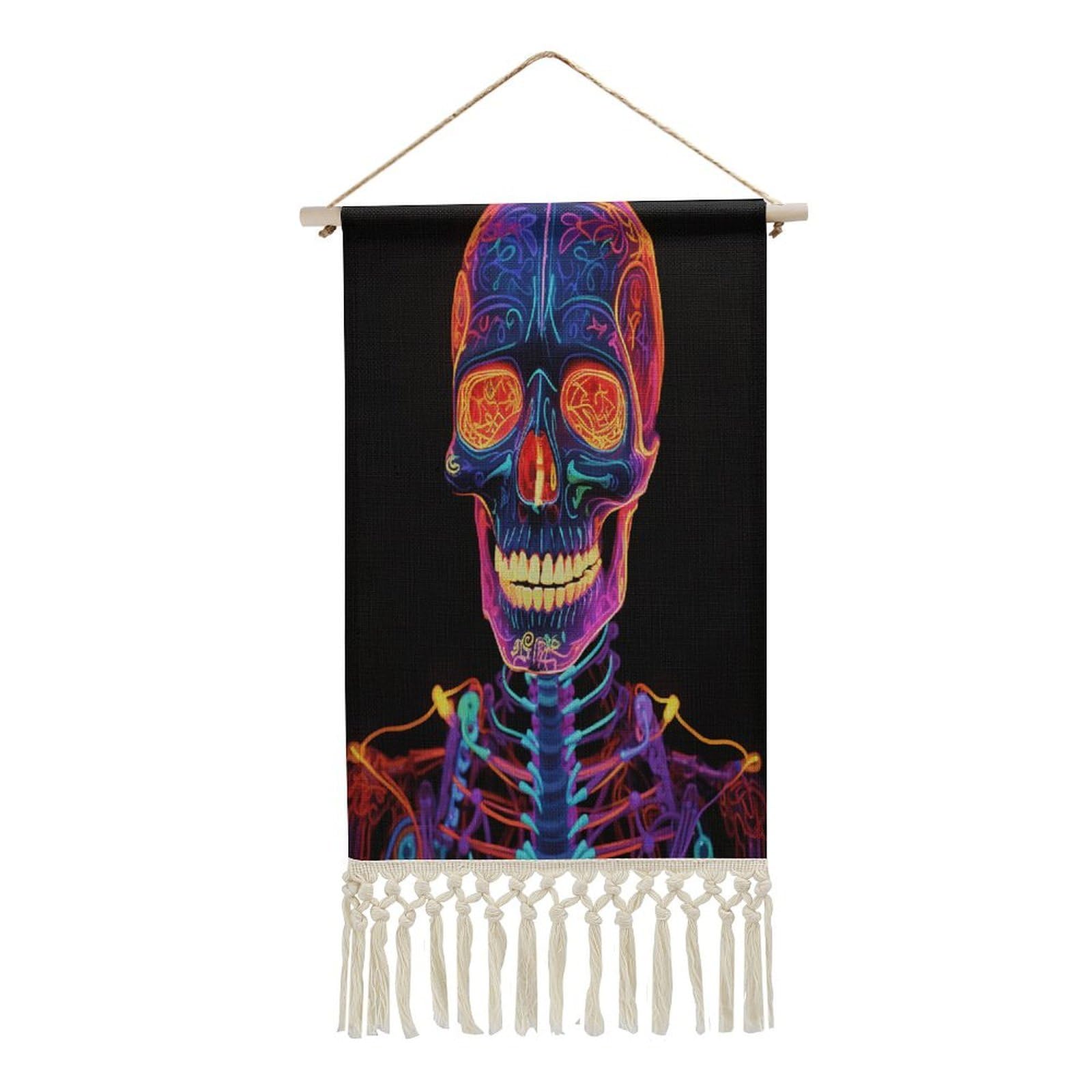 Adfgyerh Style Skull Glowing Tapestry With Tassels Cotton And Linen Hanging Posters, Wall Art For Travel Gift, Wall Tapestry For Office Home Decor Bedroom Living Room Decor