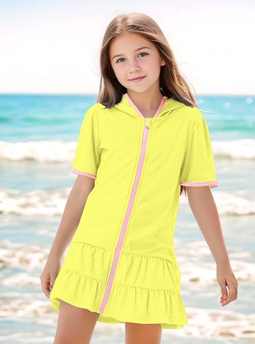 Miniatura 3 de BesserBay Bata de baño de felpa para niñas, de verano, de secado rápido, con bolsillos, dobladillo con volantes, con capucha, de 3 a 14 años