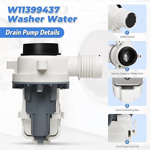 Miniatura 5 de W11399437 W11259498 Bomba de drenaje de arandela 120V 60Hz compatible con Whirlpool Maytag Kenmore WTW5010LW0 WTW5105HW1 WTW5057LW0 WTW5100HW2