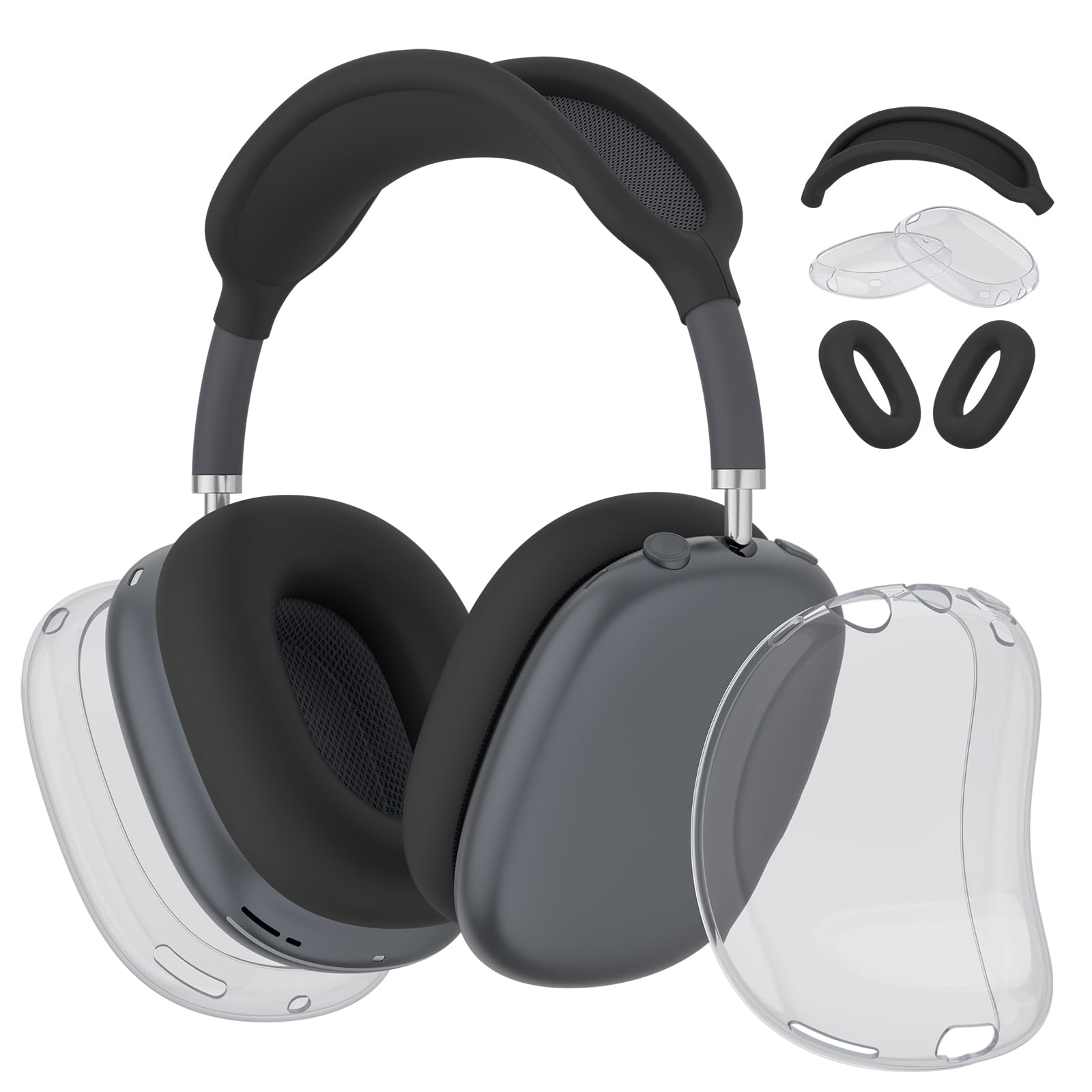Silicone Case Cover for AirPods Max Headphones, Soft Clear TPU Anti-Scratch Ear Pad/Ear Cups/Headband Cover for AirPods Max, Sweat-Proof Transparent Protector Accessories (Clear-Black)