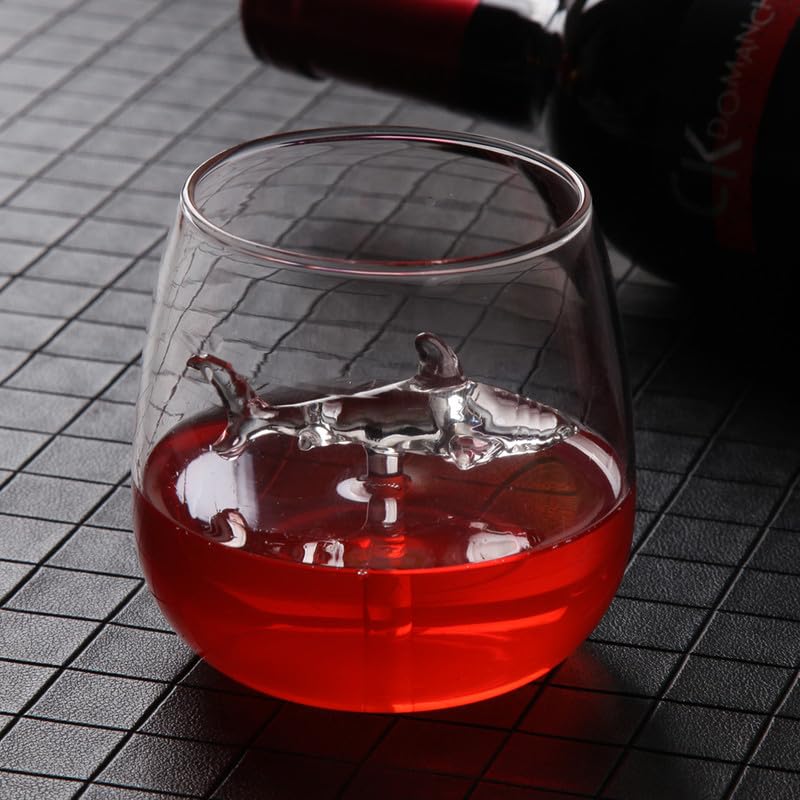 Lot De 2 Verres à Vin En Forme De Requin - Verre Cristal Avec Requin Noir à L'intérieur, Capacité 300 Ml, Pour Fête