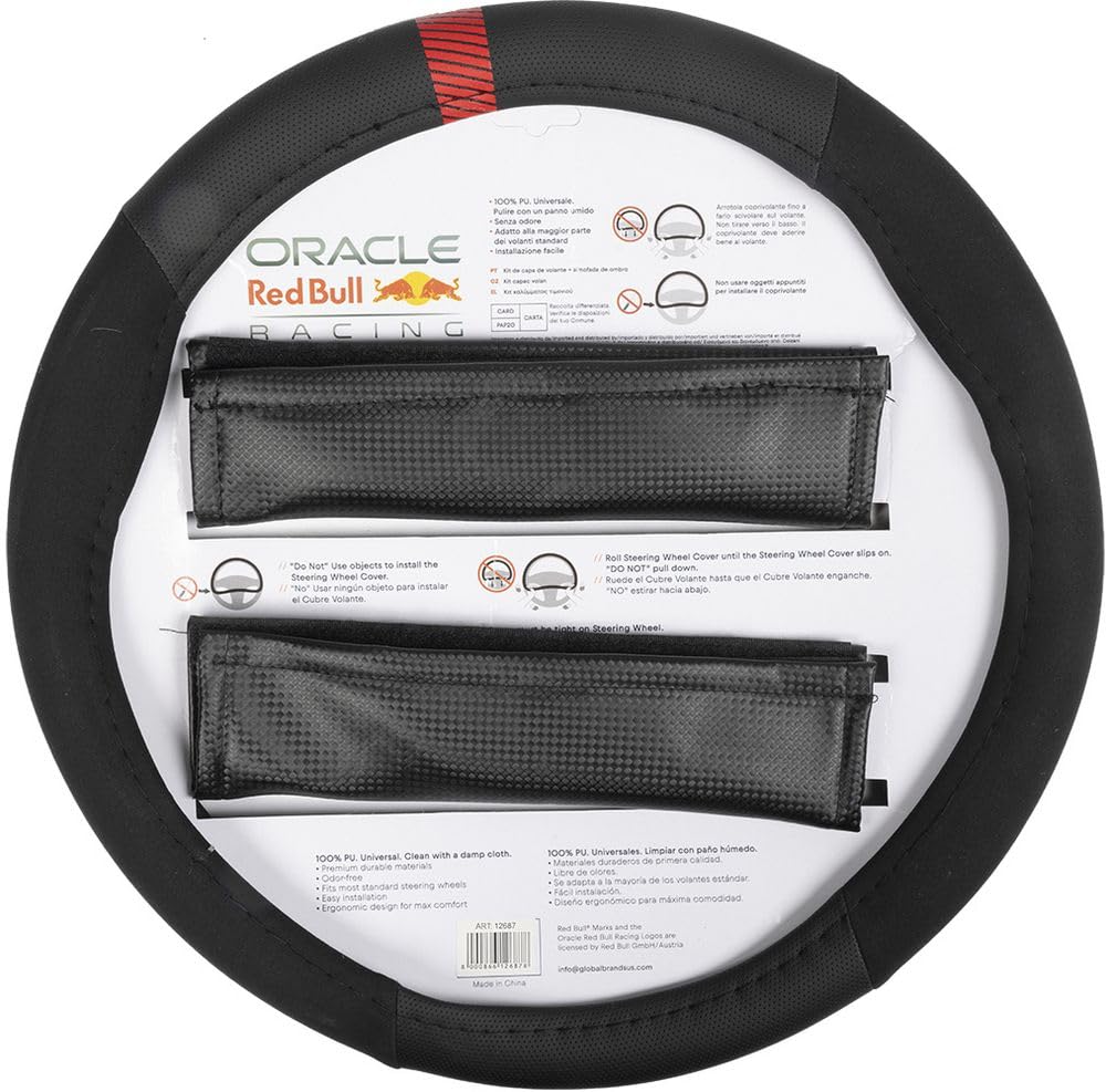 Red Bull Kit Coprivolante antiscivolo e 2 Passacintura imbottiti Powerbar racing Nero/Rosso per auto, Materiale Antiscivolo, Facile Installazione, Resistente e Universale, Diametro Coprivolante 38 cm