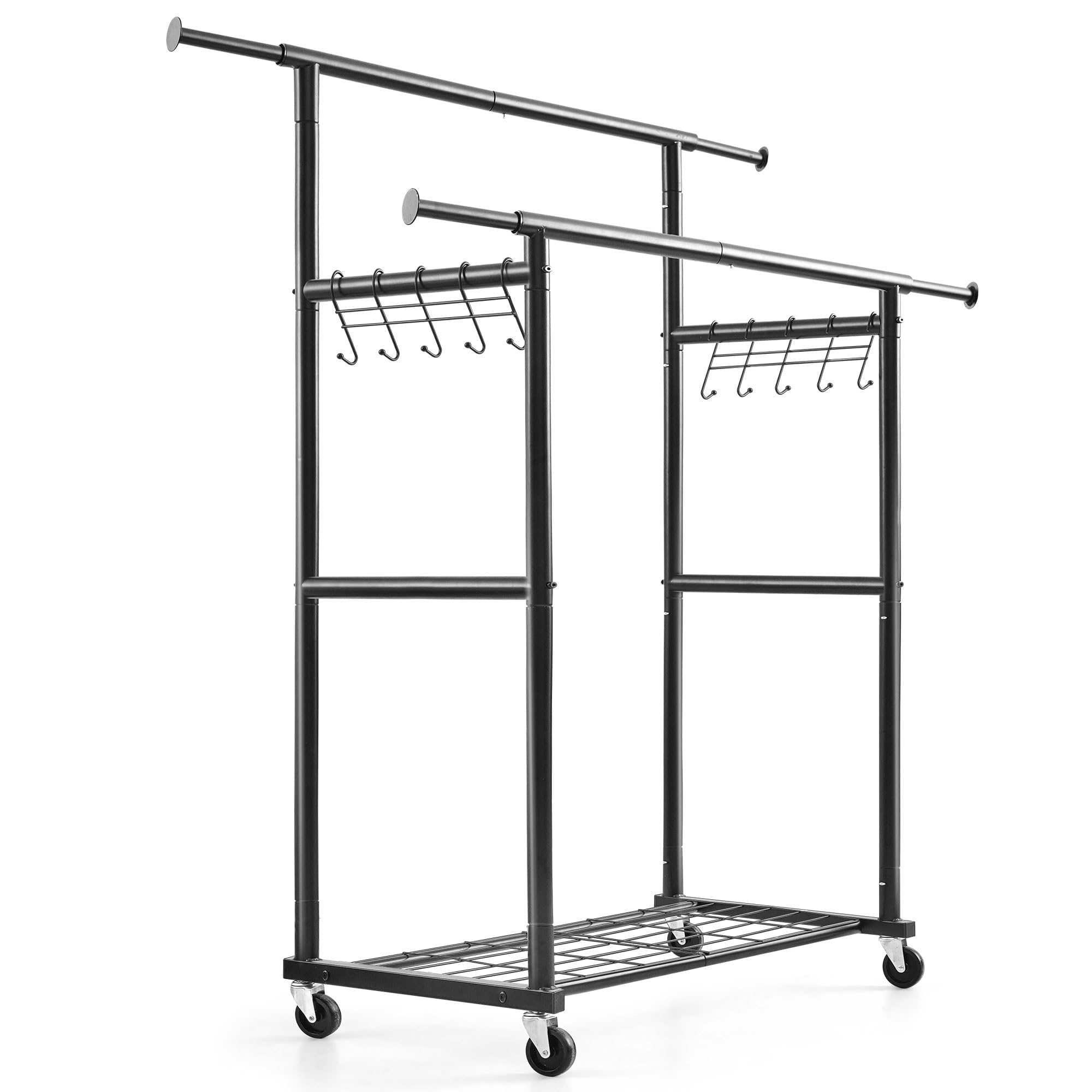 HOKEEPER - Perchero de doble barra, resistente, capacidad de 204 kg con ruedas y estantes, perchero portátil para dormitorio, lavandería, abrigos y prendas, color negro
