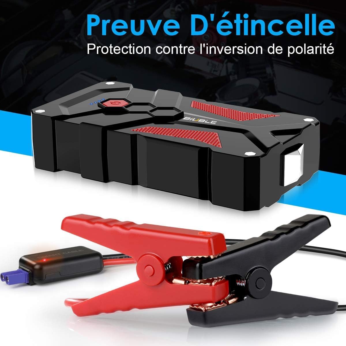 Booster Batterie Voiture 4000A, 12800mAh Démarreur de Voiture(Jusqu'à 7.0L Essence ou 5.5L Gazole), 12V Jump Starter avec Pinces de Sûreté Intelligentes, Lampe à LED, Marteau de Sécurité
