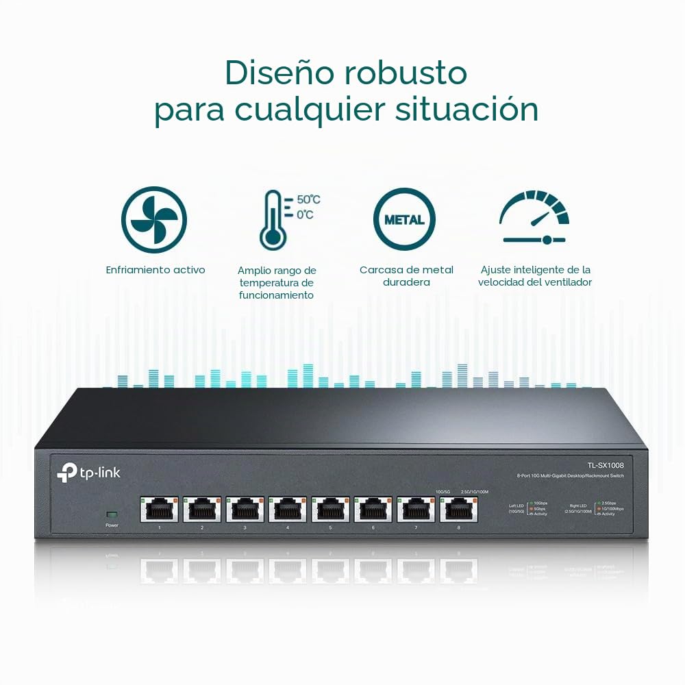 TP-Link TL-SX1008 - Switch ethernet, 8 x 10G, Plug & Play, silenciosa, NAS | Plug & Play, No Necesita Configuración. Diseño sin Ventilador, Silencioso. Carcasa Metálica.