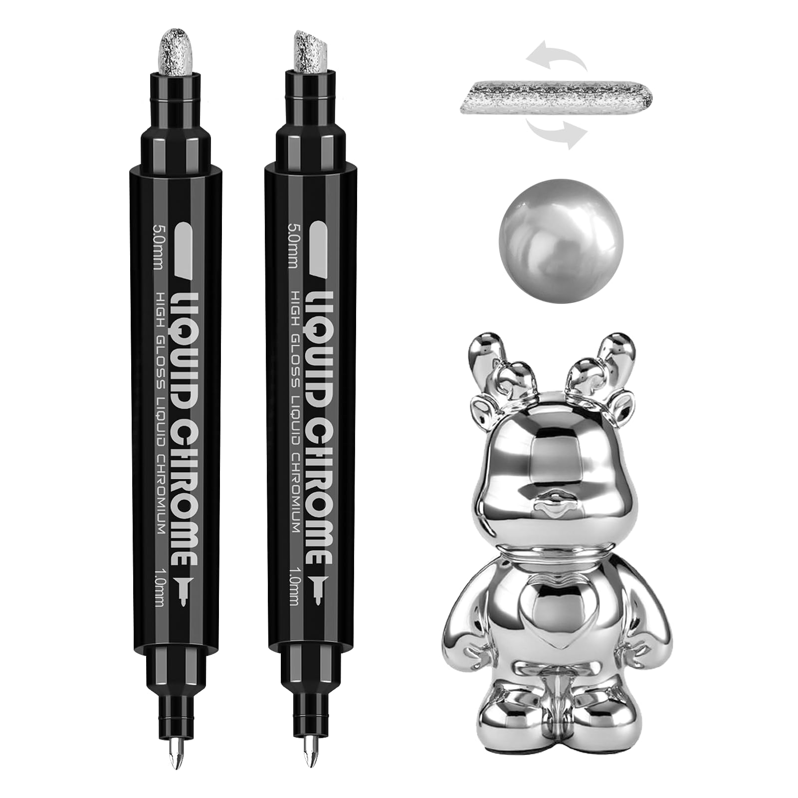 2 x Liquid Chrome Permanent Markers, Silver Oil Based Metallic Pens for Ceramic, Rocks, Metal, Plastic Model, Glass, Three Tip Sizes: 5mm Chisel Tip and-image-4