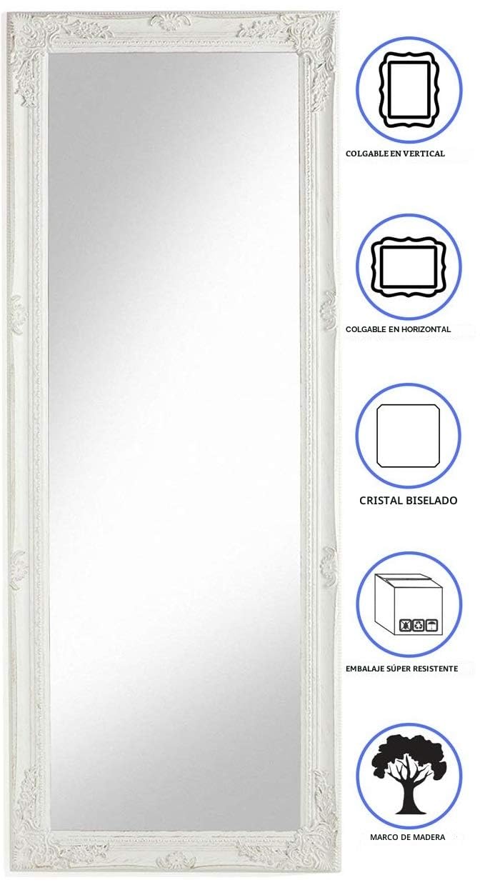 Baroni Home Montemaggi Espejo de Madera Blanco con Marco Shabby, Espejo de Pared Rectangular para Dormitorio, Baño o Salón, Espejo Shabby Blanco Antiguo 55x142 cm