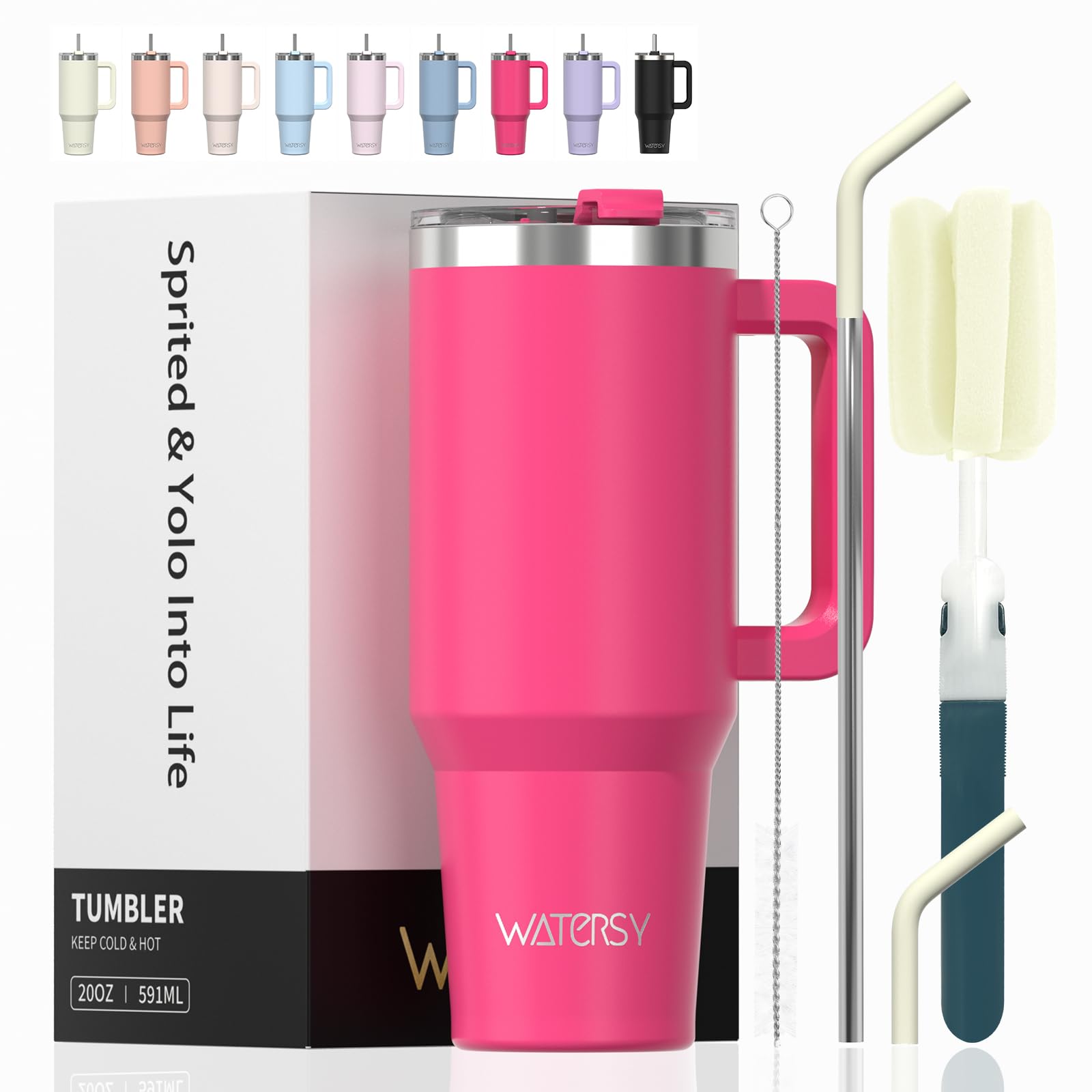 WATERSY Travel Mug Coffee Cup 20oz Tumbler Straw Lid and Handle