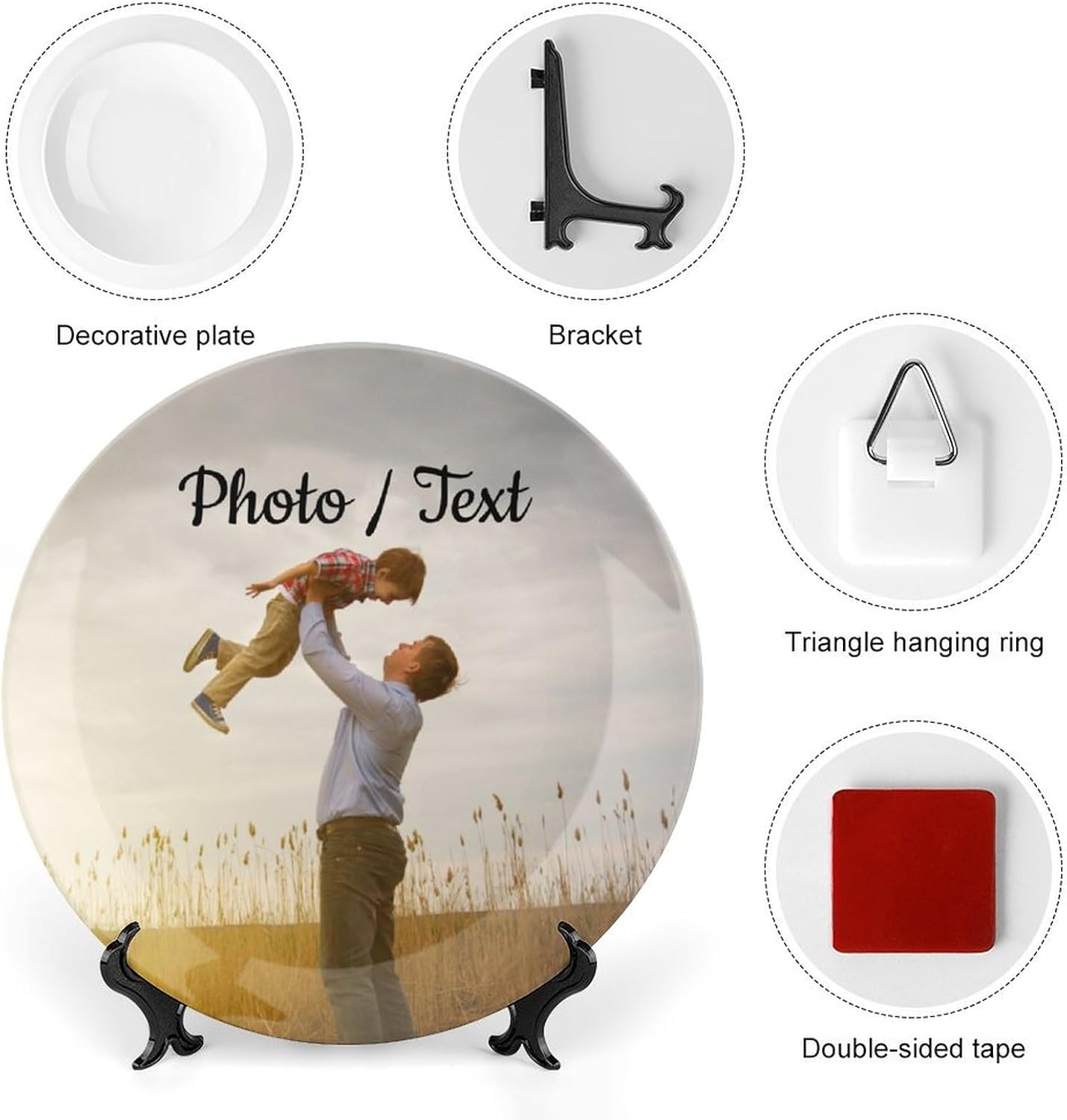 Custom Decorative Ceramic Plate with Stand, Personalized with Photo Text Logo Name Display Dish Anniversary Wedding Birthday Gifts for Couple Men Women, 10 Inch