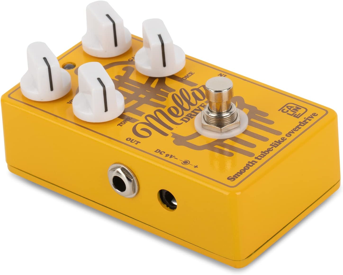 Caline CP-502 Mellow Drive Pedal, side view showing input, output, and power jacks.