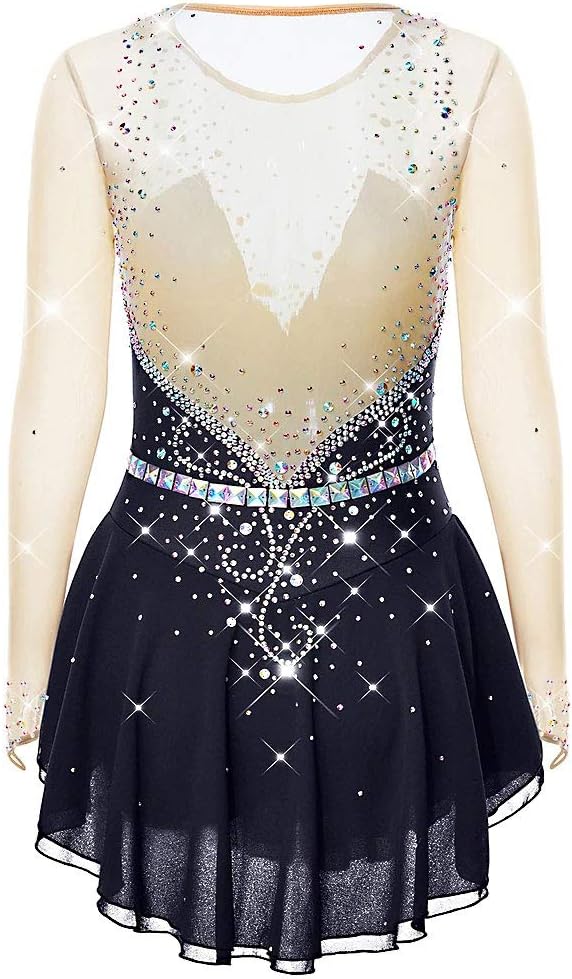 [Kmgjc] 女の子と女性のためのアイススケートドレス、長袖のドレスを注文するために作られた手作りのフィギュアスケートのプロの競争