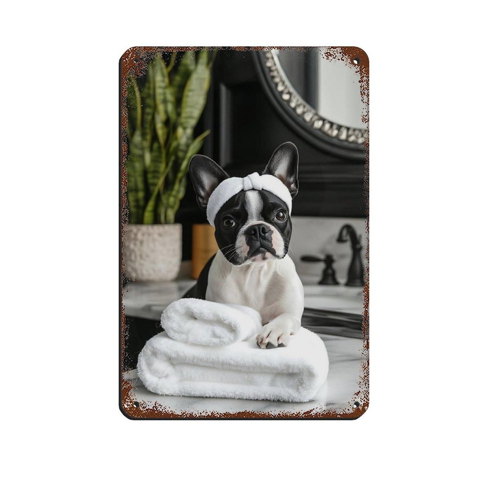 Lxwnze 20L X 30W Cm Dog Spa Art, Cute French Bulldog Tin Sign Vintage Metal Pub Club Cafe Bar Home Wall Art Decoration Poster Retro 8X12inch(20X30cm)