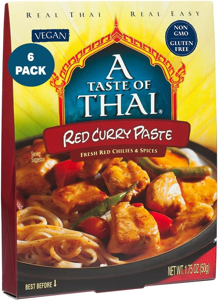 A Taste of Thai Red Curry Paste – Authentic & Natural Ready-to-Use Thai Curry Paste – Vegan, Gluten‑Free & Non‑GMO – Rich, Aromatic Flavor for Curries, Stir‑Fries, Soups & Dips - 1.75 oz (Pack of 6)