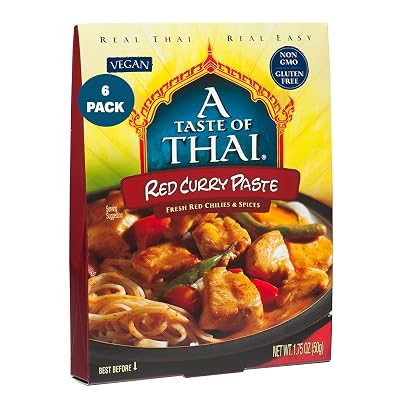 A Taste of Thai Red Curry Paste – Authentic & Natural Ready-to-Use Thai Curry Paste – Vegan, Gluten‑Free & Non‑GMO – Rich, Aromatic Flavor for Curries, Stir‑Fries, Soups & Dips - 1.75 oz (Pack of 6)