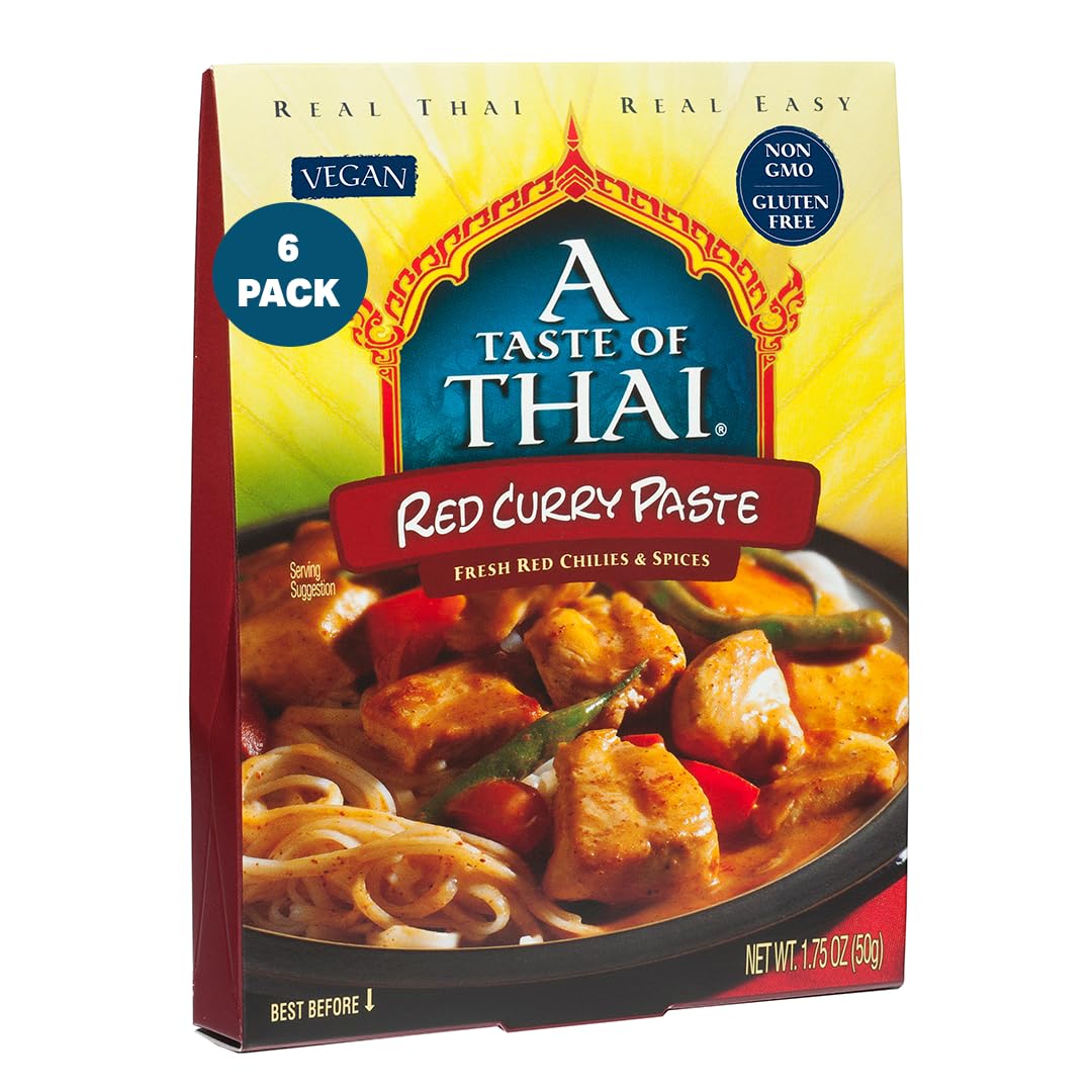 A Taste of Thai Red Curry Paste – Authentic & Natural Ready-to-Use Thai Curry Paste – Vegan, Gluten‑Free & Non‑GMO – Rich, Aromatic Flavor for Curries, Stir‑Fries, Soups & Dips - 1.75 oz (Pack of 6)
