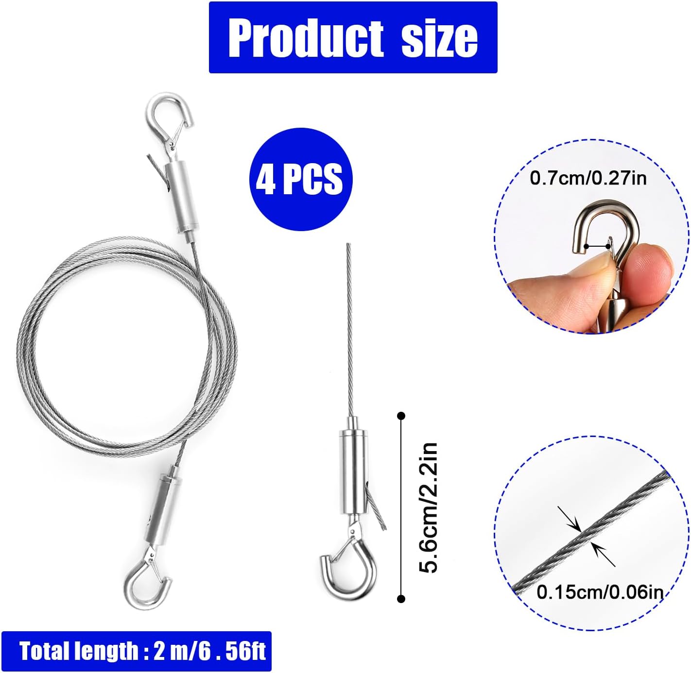 4pcs Picture Hanging Wire, 6.5Ft Stainless Steel Mirror Hanging Hardware Adjustable Wire Ropes with Hooks Heavy Duty Picture Wire for Mirror Picture Lamps Billboards Flower Pots