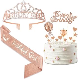 HiStock Happy Birthday Decoration Set for Girl, Birthday Rose Girl Gold Rhinestone Sash Crown Tiara Candles Cake Topper Birthday Party Favors for Girl Girlfriend Daughter