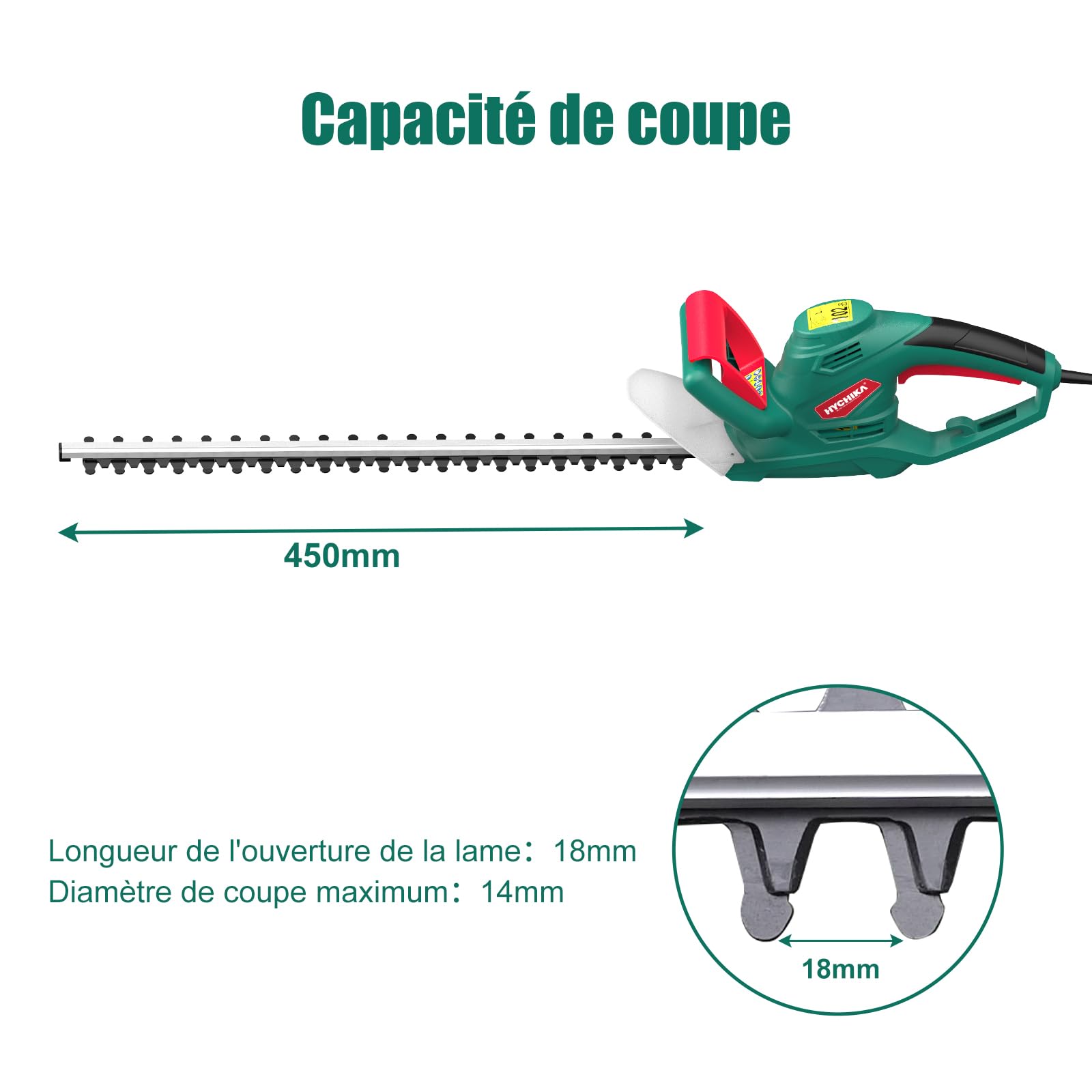 HYCHIKA Taille-Haies Électriques 550W, Taille Haie Electrique Filaire, Coupe Haie, Lame 45 cm, Écartement 18 mm, Double Interrupteur et Double Poignée, pour Tailler Les Haies et Arbustes