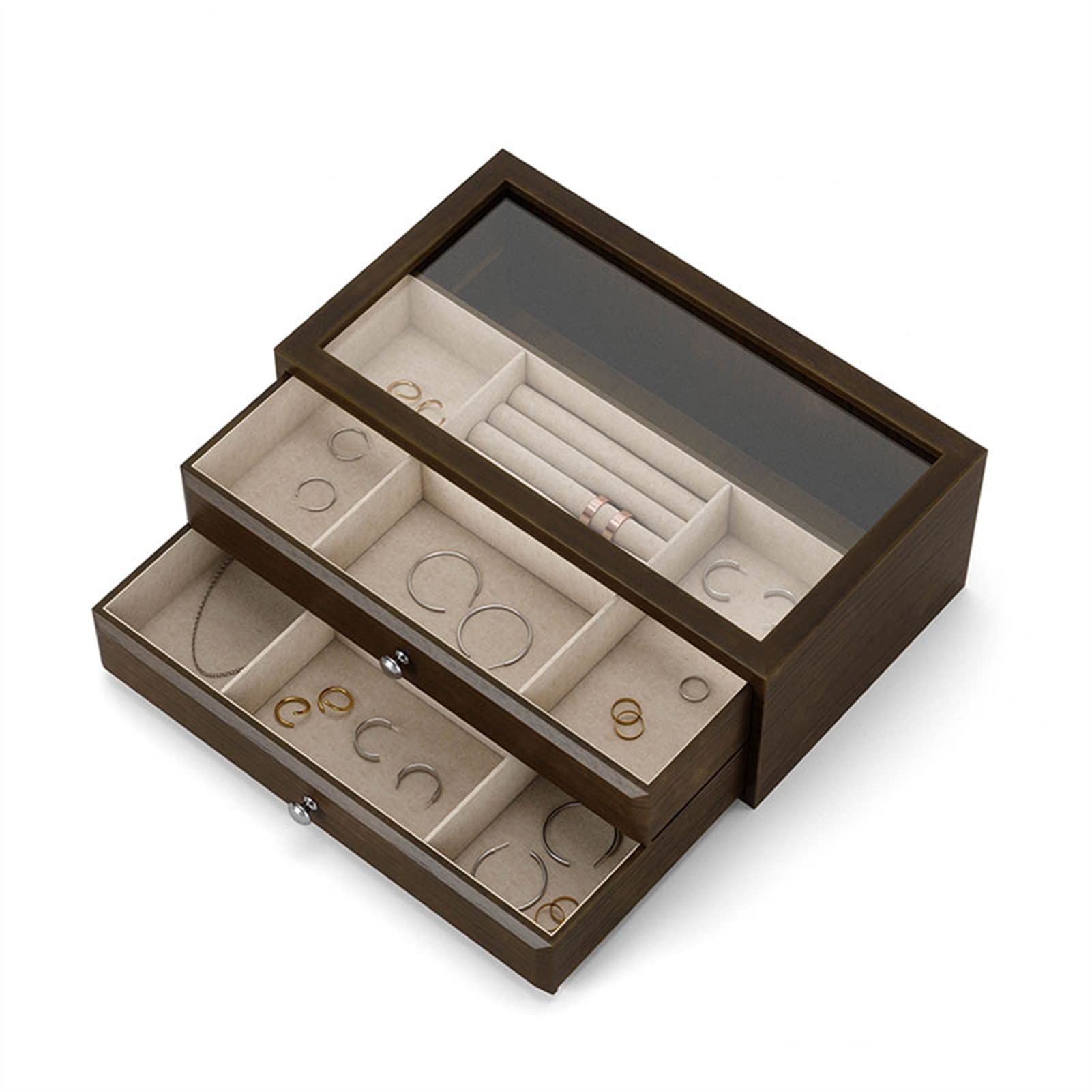 TIANQIHAO Jewelry Box Jewelry Boxes Organizer Vintage Jewelry Case With 2 Drawers And Transparent Glass Lid Wooden Jewelry Organizer For Necklaces Earrings Watches Jewelry Display