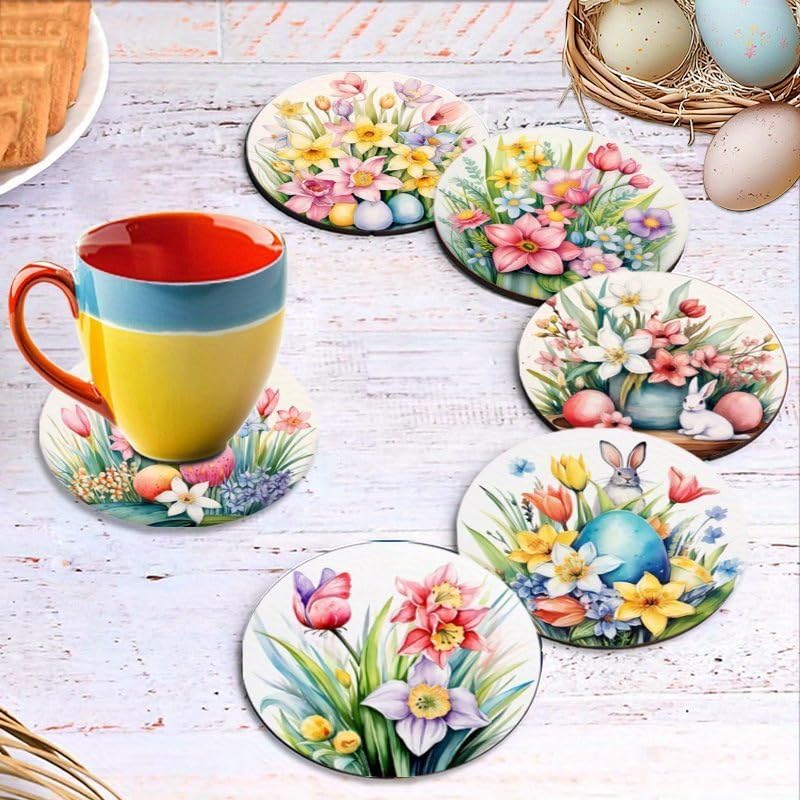 Image of Set of 6 Wooden Coasters Featuring Easter Egg and Floral Designs, 3.94x3.94 Inches a€ inch Perfect for Patio Tables, Kitchen, or Living Room a€ inch an Ideal Easter Gift for Friends and Family