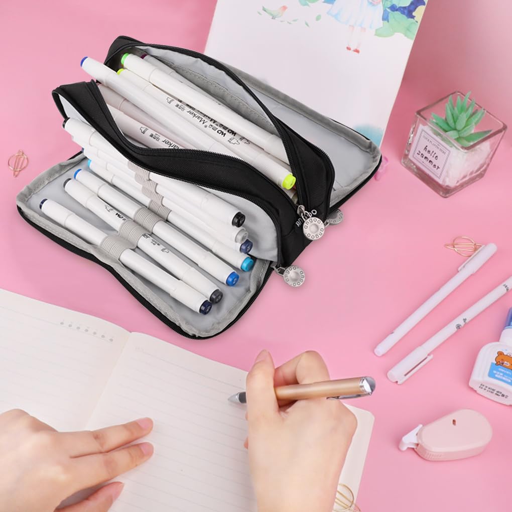 Oyachic 3 Compartment Pencil Case Large Capacity Pen Pouch Oxford Storage Bag Cosmetic Makeup Case for Men Women Adults Travel Business Office (Black) - Image 4