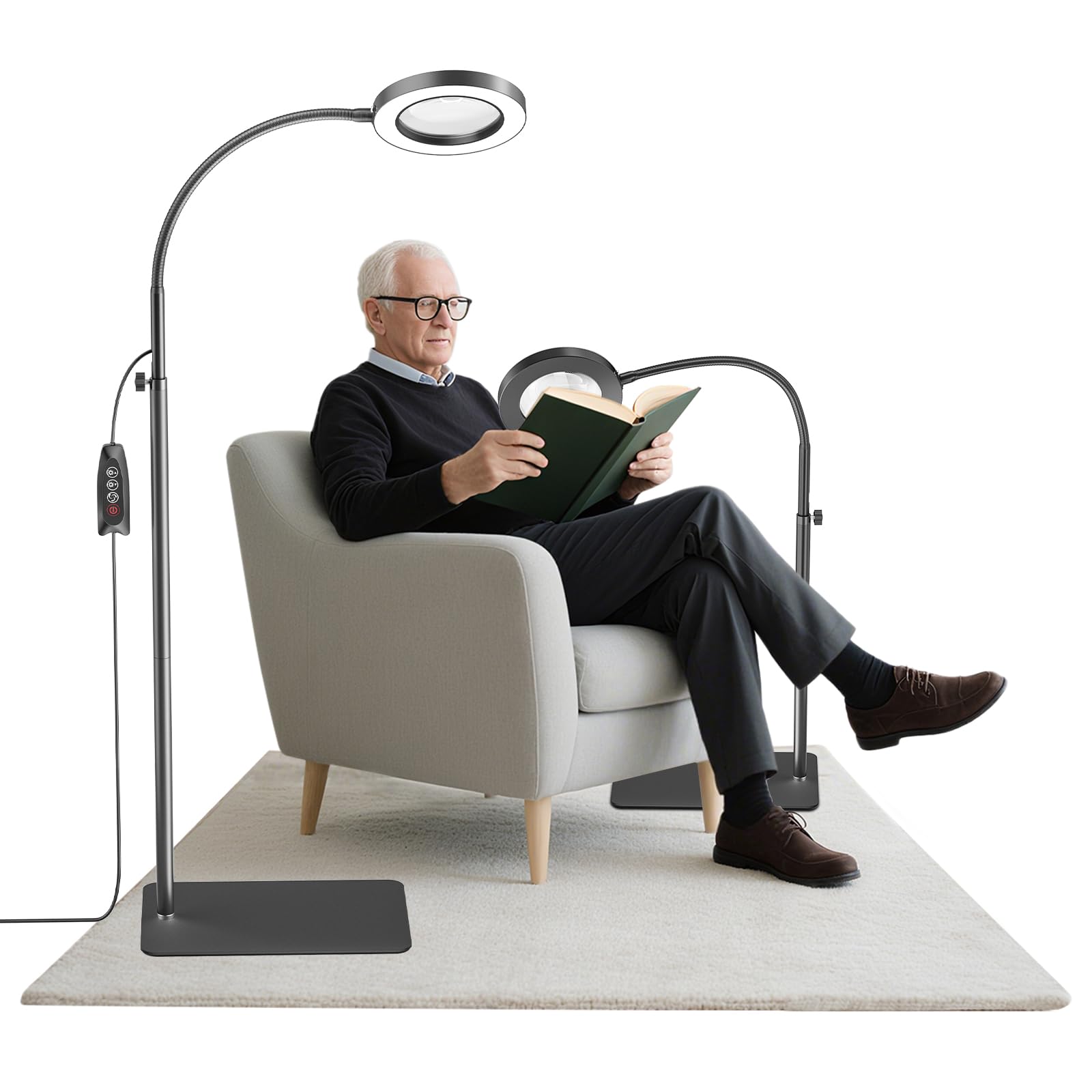 Floor Magnifying Glass with Light and Stand, 10X/20X Magnifying Lamp, 72 LED Magnifier with 3 Colour Modes & 10 Brightness, Adjustable Floor Stand & Clamp for Seniors Reading, Crafts, Sewing