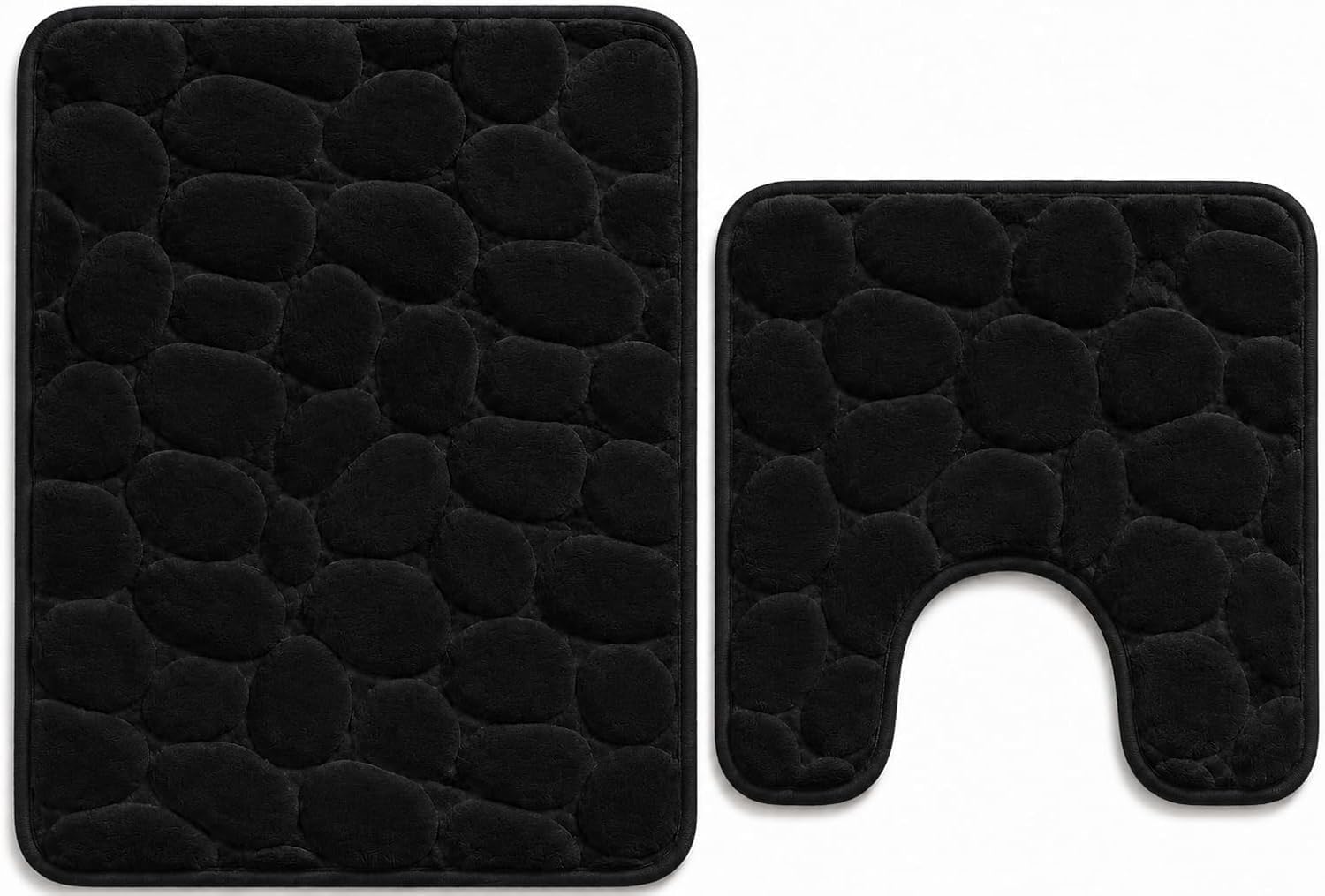 NIGHTZONE Pebble Stone Bath Mat Set - Non Slip Pedestal, Extra Absorbent 100% Memory Foam Bathroom Toilet Rug (Black)