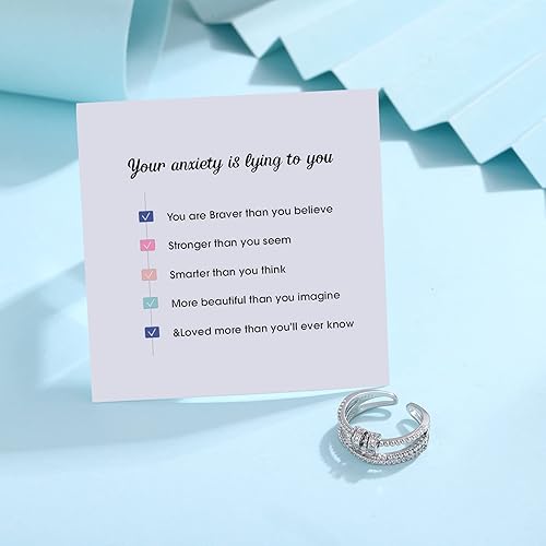 Miniatura 2 de Anillo para la ansiedad con cuentas giratorias S925 chapado en plata para niñas y mujeres, anillo ajustable para la ansiedad con tarjeta de mensaje