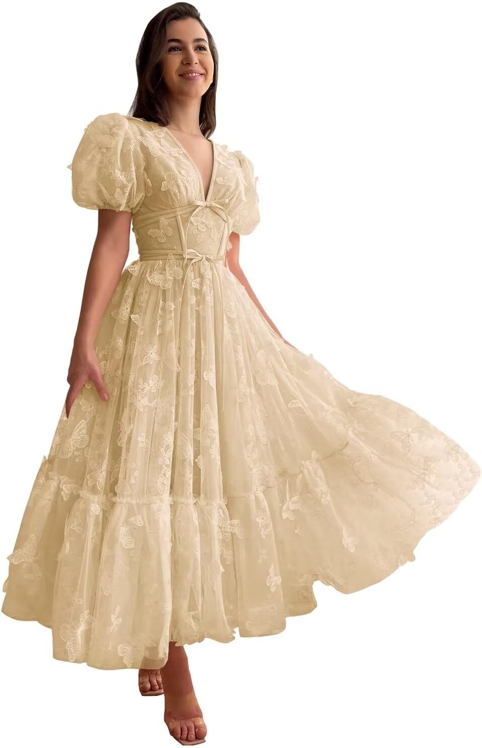 Zepumen 3D Butterfly Prom Dress for Teens Puffy Sleeve V Neck Tea Length Formal Evening Party Gown