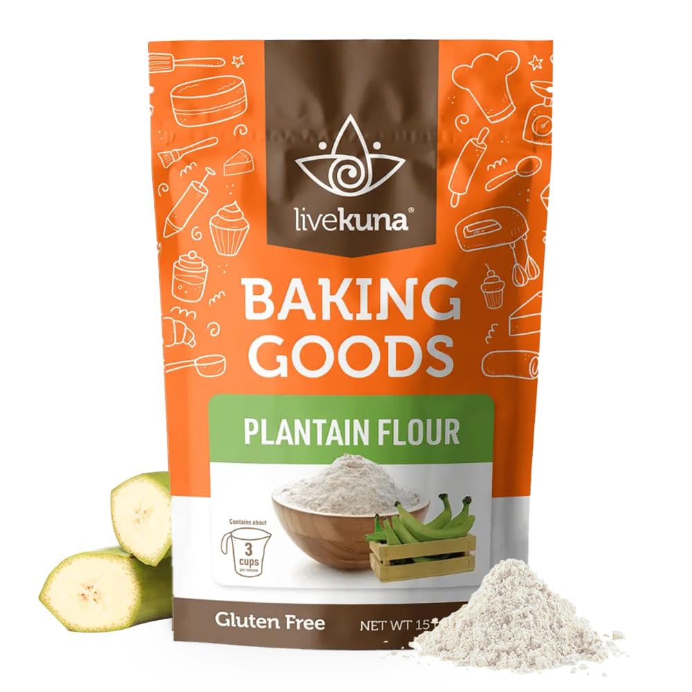 LiveKuna Organic Plantain Flour - Gluten Free All Purpose Flour Alternative For Baking & Cooking Recipes - Grain Free Vegan Plantain Flour, Rich In Fiber & Vitamins for Keto & Paleo Diets, 15oz Bag