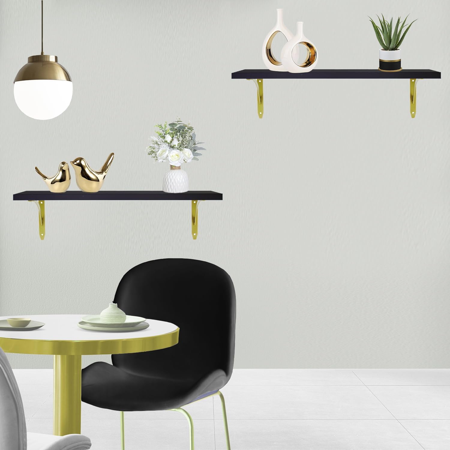Black and Gold Floating Shelves 16 in - 0.71in Thick Engineered Wood with Solid Pine Core,Heavy Duty Water-Resistant Black and Gold Shelves for Bathroom,Bedroom Set of 2