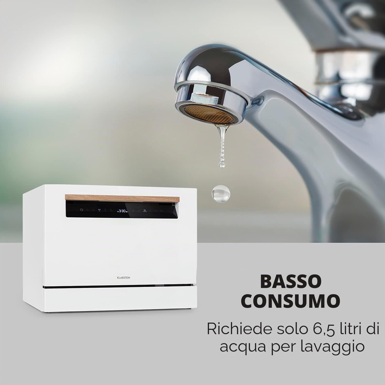KLARSTEIN Lagoona - Mini Lavastoviglie a Posizionamento Libero, Classe F, Potenza: 1380 Watt, 6 Coperti, Consumo Idrico: 6,5 L, 7 Programmi + Asciugatura Extra, 49 dB, Pannello Touch Nero, Bianco