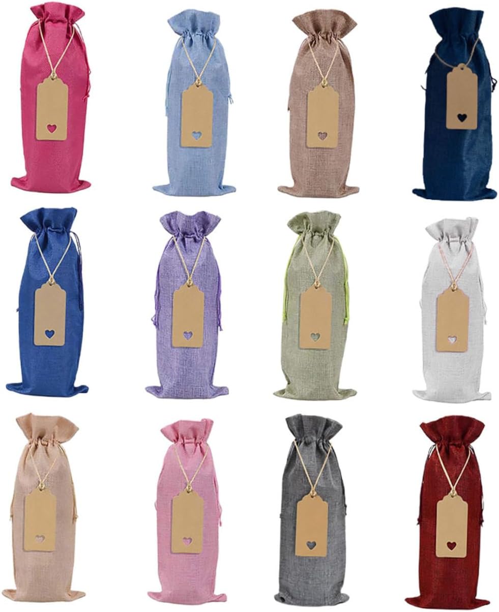 SHOWERORO 12 Set of Wine Bottle Bags Decorative Wine Covers with Tags for Festivals and Celebrations