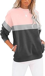 Cuptacc Sweatshirt Women's Pullover Elegant Crew Neck Colour Block Women's Tops Loose Long Sleeve Shirt Pockets T-Shirt