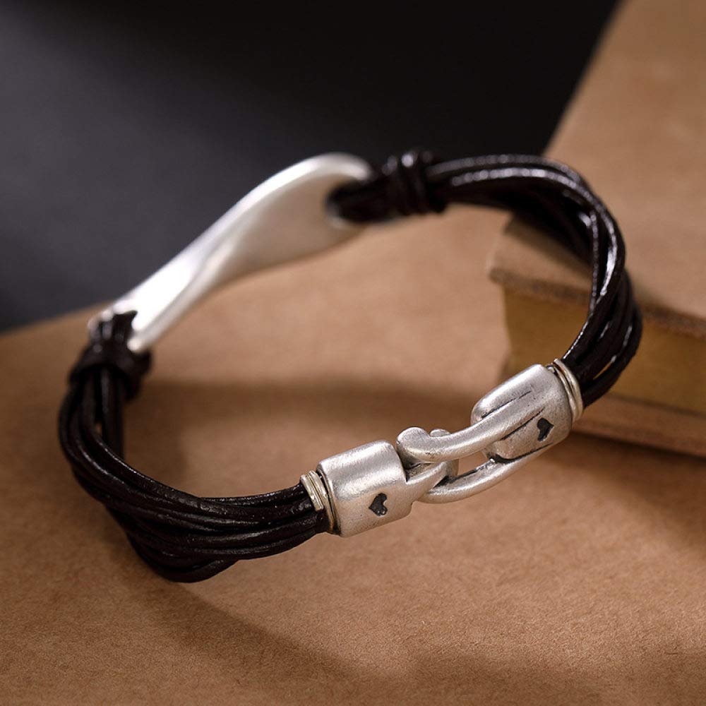 S925 Vintage Pulsera De Plata para Mujeres Hombres Literaria Cuerda De Cuero Eterna Sencillo Y Simple Estilo Chino Personalidad Creativa Encanto Hermoso Regalo