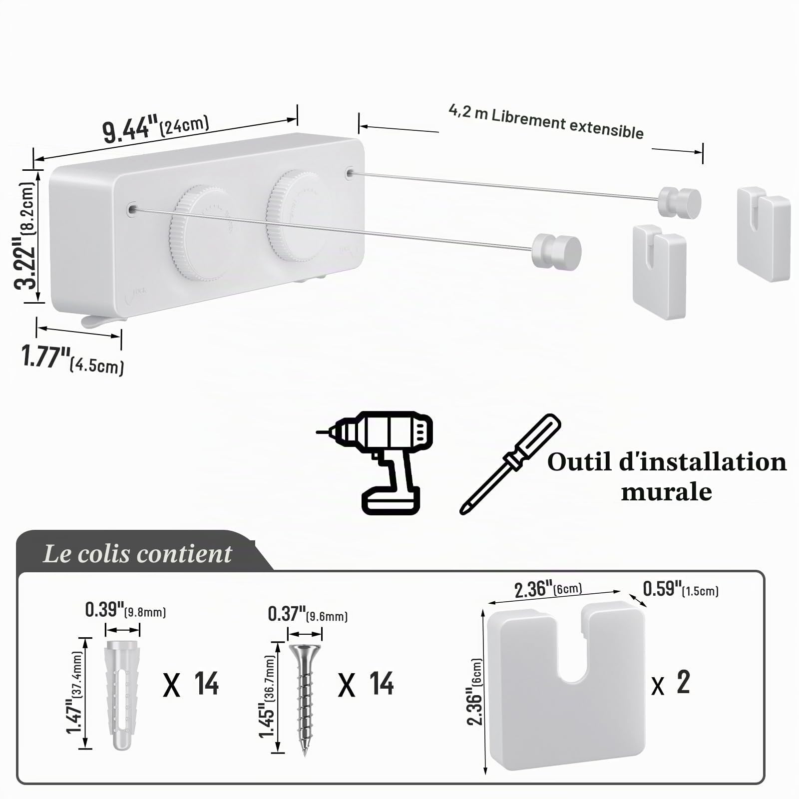 Danpoo Corde à Linge rétractable, 2 Fils à Linge de 4,2 m en Acier InoxydableLigne à Linge très résistante pour l'intérieur et l'extérieur, Étendoir à Linge rétractable à Suspendre, Blanc