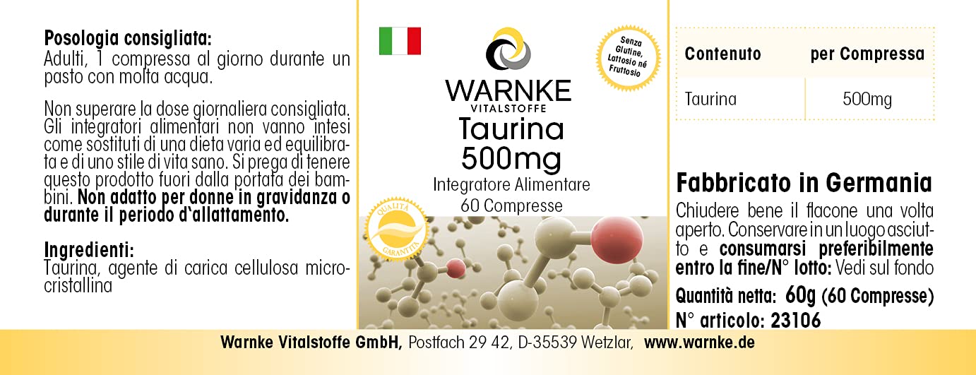 Taurina 500 mg - 60 Compresse - Vegan | Warnke Vitalstoffe - Qualità da farmacia tedesca