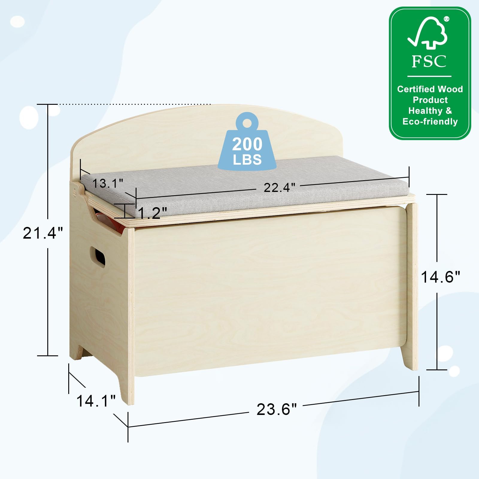Scatola giocattolo e contenitore per giocattoli, scatola giocattolo in legno per ragazzi e ragazze, baule giocattolo con sedile cuscino e 2 cerniere di sicurezza, organizer per giocattoli per