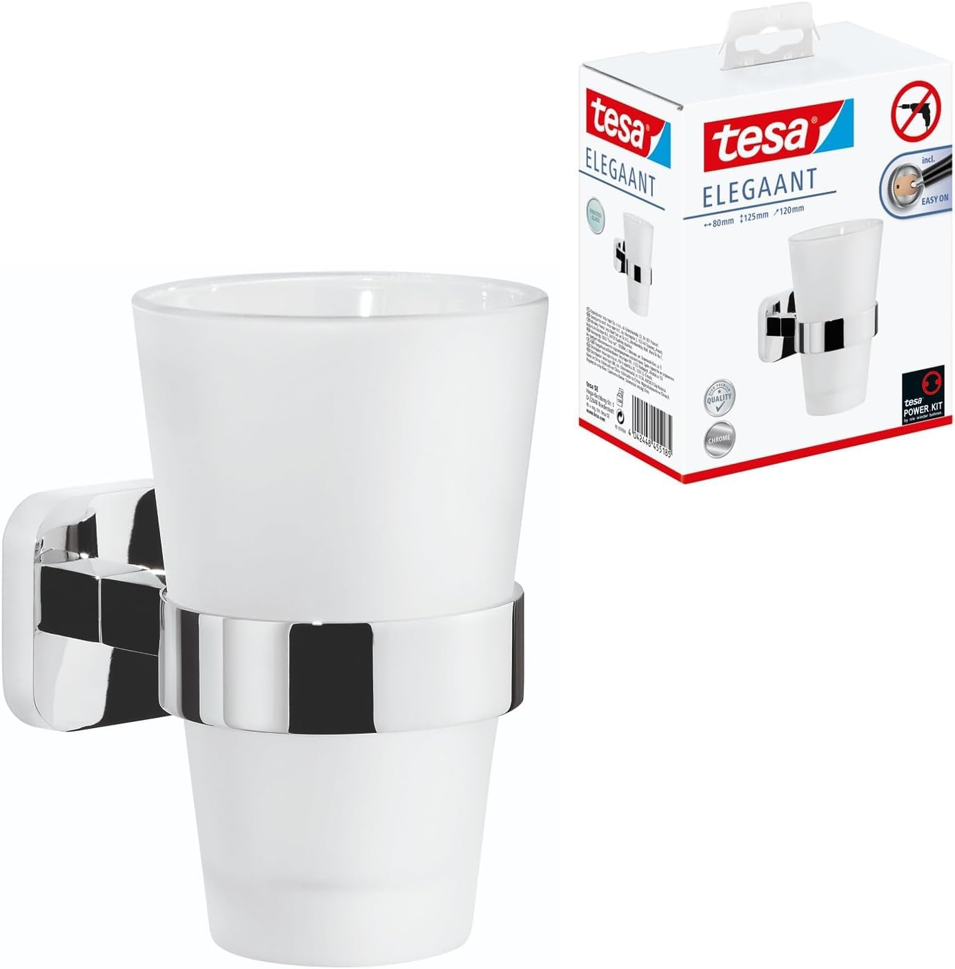 tesa® ELEGAANT Design-Seifenspender + tesa® ELEGAANT Zahnbürstenhalter, edles Design, Metall, verchromt, Milchglas, inkl. Klebelösung