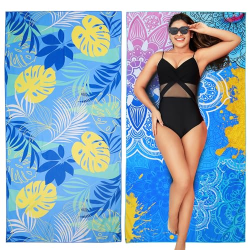 Winthome 2 Pack Beach Towel for Adults - Large Microfibre Beach Towel Quick-Dry, Sand Free, Lightweight, With Bag for Beach, Pool, Camping, Yoga & Outdoor Mandala + Leaf 90×180cm