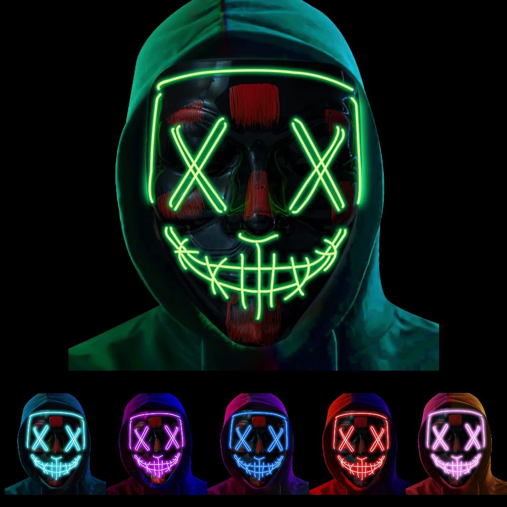 Lime Green Purge Light Up LED Mask - Halloween Costume Glow in the Dark Scary for Festival Party - Flashing 3 Mode Super Bright for Adults and Kids - UK Seller