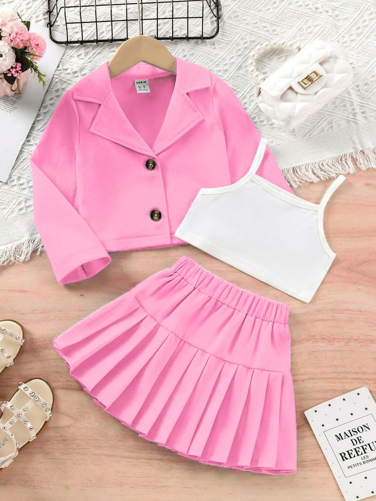 Image of Three Piece Co ord Set Dress for Girls| Jacket Top and Skirt Open Front Suits Set| Girls Clothing Set