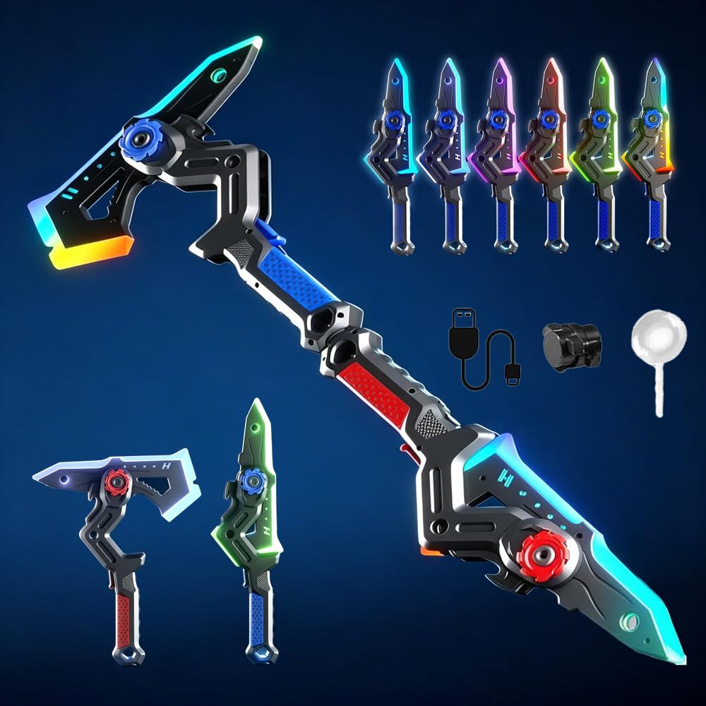 JYQOQH 2-in-1 Deformable Mechanical Sword Axe,2pcs Transformable Light Up Axe Sword Toy with LED Light-up Blades & Spray Mist Sound Effects, LED Light-up Blades,Creative Cosplay Prop for Boys Adult